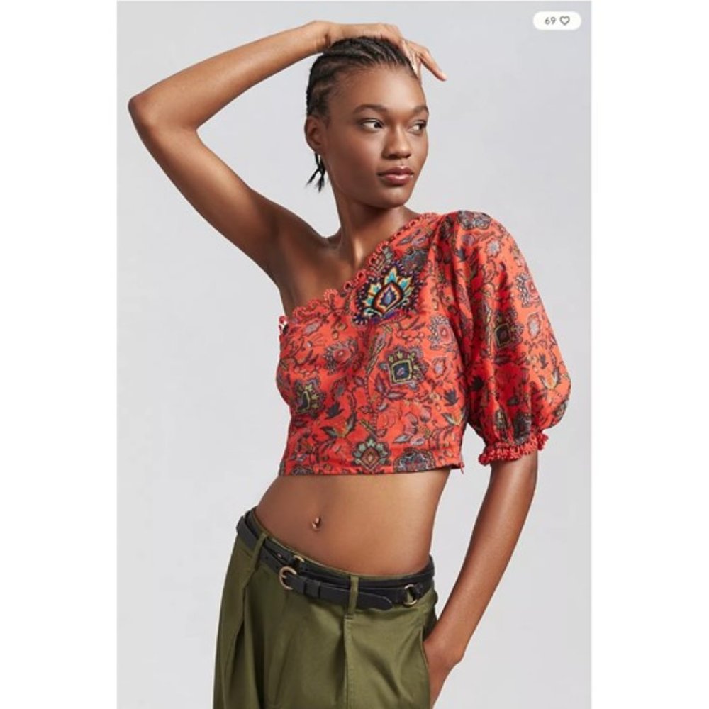 FARM Rio Red One-Shoulder Printed Crop Top